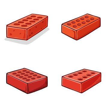 Set of Red Bricks with Multiple Views Isolated on White Background