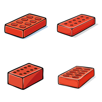 Set of four red bricks in various isometric perspectives with textured surfaces