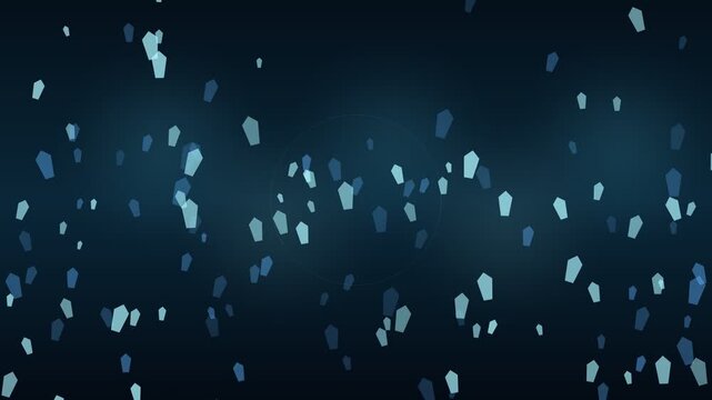 Floating blue pentagonal particles drifting over dark background