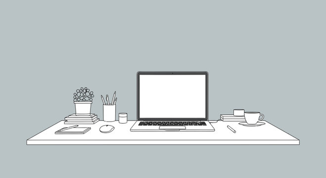Minimalist desk setup with laptop, books, plant, and coffee, clean line art illustration.