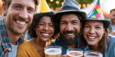 Obraz premium A lively group of friends celebrating at a social event, raising their glasses in joy, showcasing camaraderie, happiness, and the vibrant spirit of friendship in a festive atmosphere.