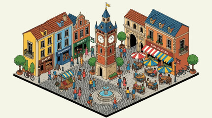 a colorful 3D isometric illustration of a bustling town square with people and buildings. © Nora