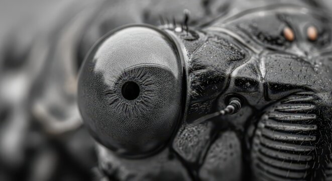 Extreme Close-Up of a Cicada Insect's Compound Eye and Textured Head in Monochrome Detail