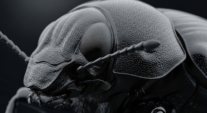 Extreme close-up macro photograph showcases the intricate detail of a beetle's multifaceted compound eye and textured exoskeleton