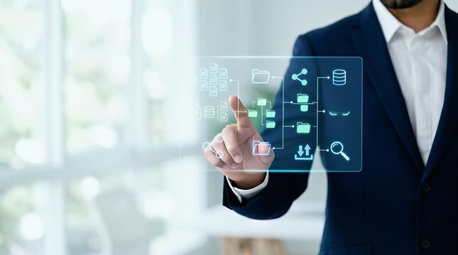 Interactive Holographic Interface With Businessman Touching UI
