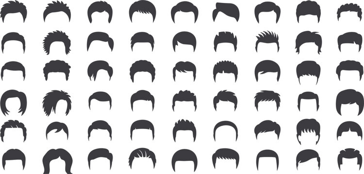 Collection of Black Silhouettes of Various Men's Hairstyles on White Background men hairstyles male haircuts