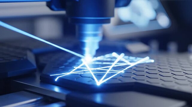 Laser machine precision cuts a complex pattern into a high-tech material within a laboratory setting.