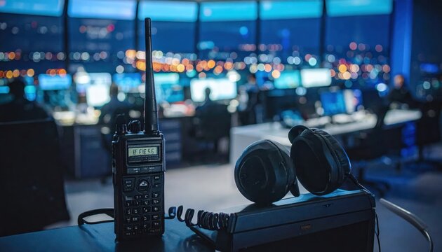 Police radio and headset on charger at busy dispatch center with blurred screens