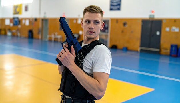 Police Recruit Training With Blue Non-Firing Handgun Replica in Gymnasium
