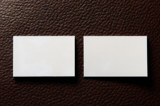 Two blank corporate business cards side by side on dark brown textured leather surface