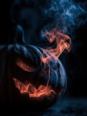 Fototapeta premium An artistic macro shot of the smoke curling from a just-snuffed candle inside a Jack-o'-lantern, dynamic motion