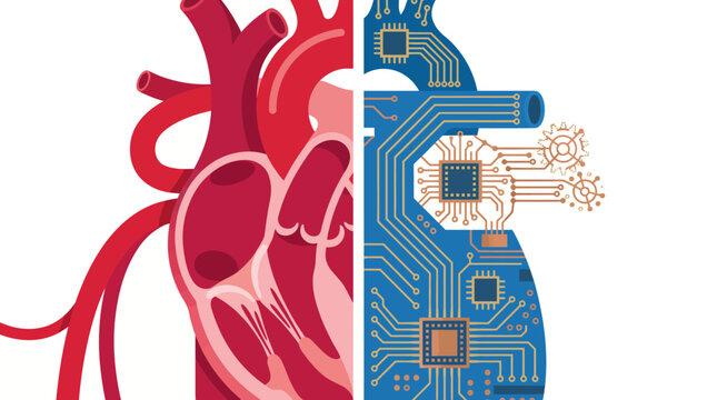 Split Heart Anatomy Biological and Electronic Circuitry.