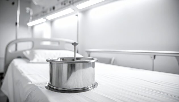 Polished stainless steel bedpan placed discreetly on a hospital bed in a clean room setting.