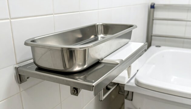 Polished stainless steel medical bedpan resting on a hospital shelf near a toilet.
