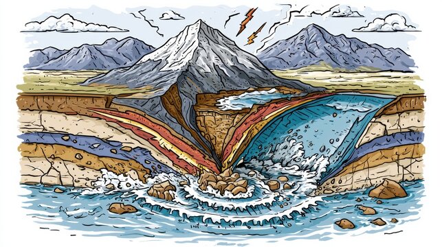 The process of tectonic plate collision, highlighting subduction and mountain formation along with an earthquake zone.
