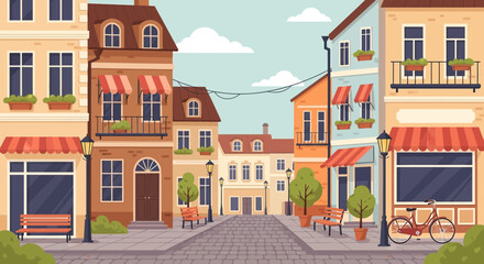 Charming European Street Scene with Colorful Buildings, Cobblestone Road, and Bicycle © Zahra
