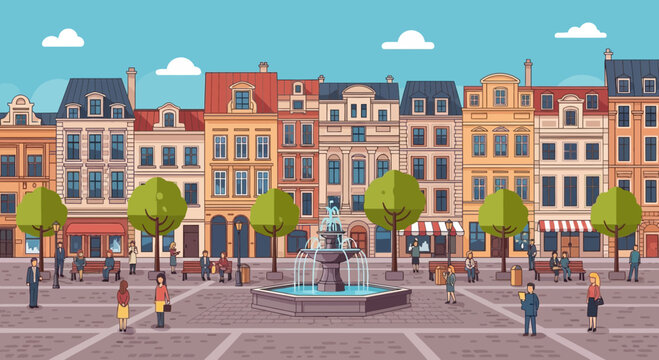 Charming European Town Square with Fountain and Colorful Buildings, People Strolling