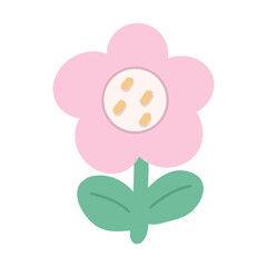 Fototapeta premium Pastel pink flower clipart with green leaves, simple hand drawn style, isolated floral illustration for spring, nursery decor, stickers, and digital design. 