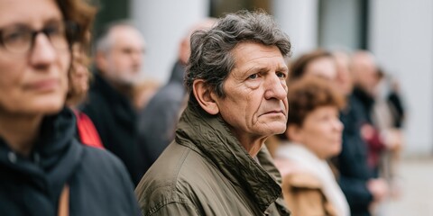 Obraz premium A contemplative man stands among a thoughtful crowd during a public event, symbolizing curiosity and the engagement of individuals in important societal discussions.