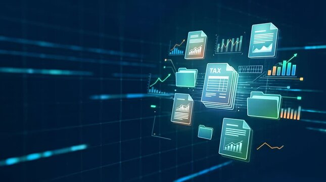 Digital Tax Documents and Charts in Futuristic Visualization