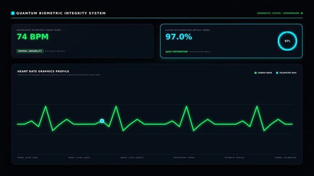 Dynamic motion of heart rate monitor displaying real-time data with fluctuating bpm and oxygen saturation levels in a high-tech medical setting.