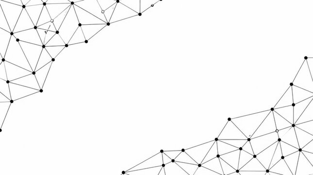 Abstract black and white digital network plexus background with connected lines and dots.