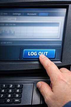 A person pressing the log-out button on a computer or machine, often used in illustrations for technology and work settings