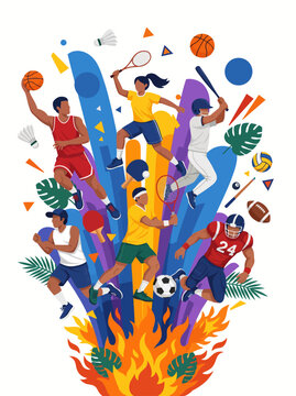 Multisport Athletes Action Illustration &ndash; Dynamic Sports Festival Concept with Basketball, Soccer, Tennis, Baseball and American Football Players
