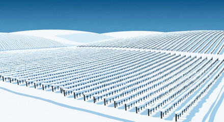 Solar panels in snowy landscape with clear blue sky. © Nora