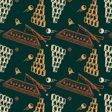 folk woodblock print of brazilian sao joao games, rustic fishing and knock down cans engraving, continuous festive backdrop texture