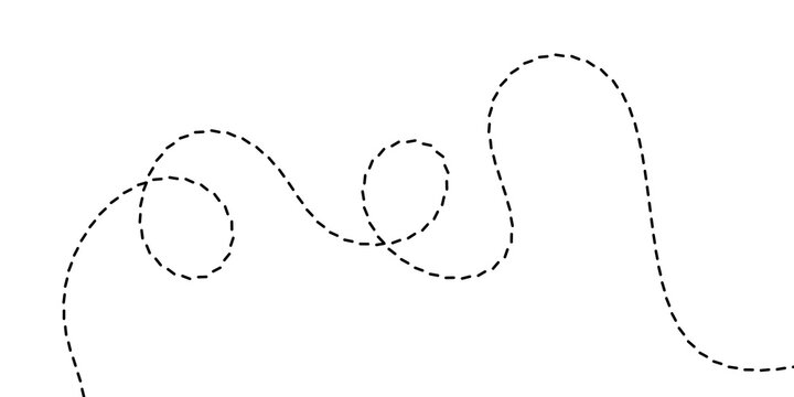 A minimalist dashed line illustration representing a winding, abstract path or trajectory on a white background