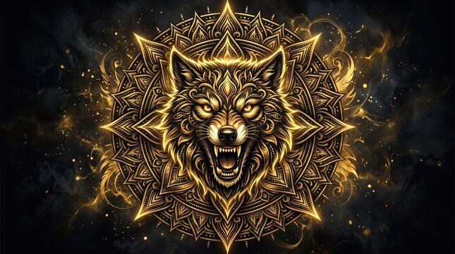 Golden wolf head in glowing mandala on dark background