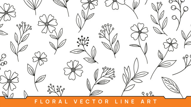Delicate floral pattern with leaves in black line art vector style on a white background