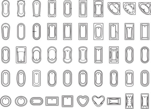 A collection of various bathtub designs in a top-down view, showcasing different shapes and styles.