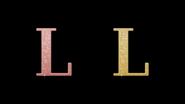 Letter L glitter animated on transparent background. Gold and rose gold alphabets sparkling motion graphic with alpha channel.