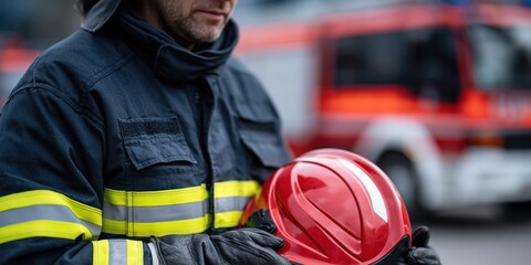 Fototapeta premium A focused firefighter wearing a helmet stands prepared for action at the scene, reflecting bravery and dedication to saving lives during emergencies and disasters.