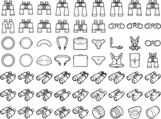 Fototapeta premium An assortment of various binoculars and related accessories are displayed in a clean, organized graphic illustration, showcasing a collection of optical equipment.