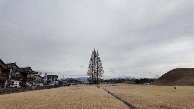 Minimalist View of Daereungwon Royal Tombs and Hanok Village Street, South Korea