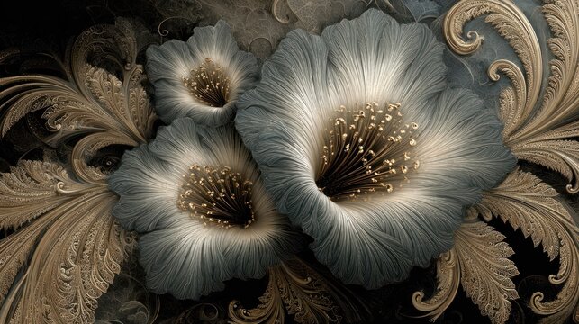 Three stylized, feathery blooms emerge from rich, ornate background filigree
