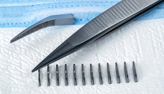 Precision surgical staple remover tool with sharp tweezer jaws poised over medical staples on a sterile surface
