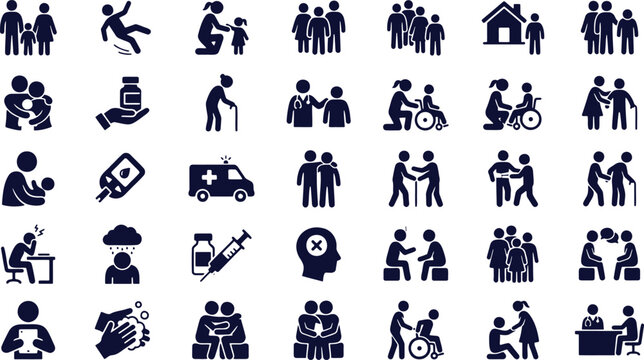 Social care and healthcare icons set, medical assistance and family support vector symbols, elderly nursing and disability care pictograms