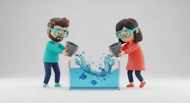Two cartoon characters experimenting with water and technology together.