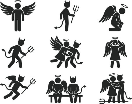 Angel and devil stick figure icons, set of 9 black vector pictograms representing good and evil, moral conflict and conscience symbols