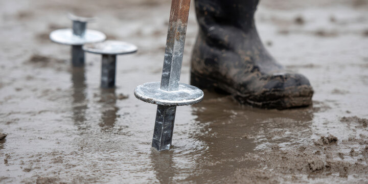 Worker anchor bolt wet concrete construction boot installation metal foundation muddy site worker installing anchor bolts into wet concrete construction site wearing boot showing process