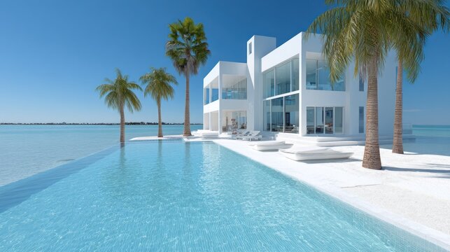 Modern luxury residence sits beside calm turquoise water with tall palm trees overhead