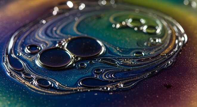Oil droplets float on a water surface creating iridescent circles and colorful liquid patterns.