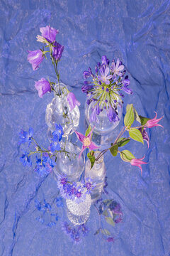 abstract floral still life in blue with spring flowers in glass vases and thin shiny fabric
