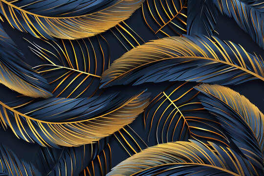 Luxury golden and dark blue feathers background pattern