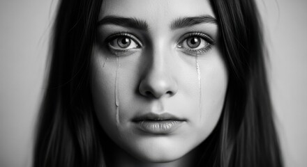 Fototapeta premium Close-up black and white portrait of a crying young woman's face with tears streaming down, evoking profound sadness.