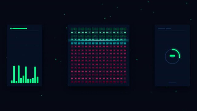Dynamic motion of colorful digital data visualizations and graphs in a futuristic technology animation scene.